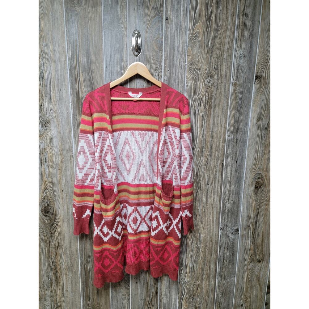 No Boundaries Cardigan Sweater Size 11-13 Aztec Southwest Red Orange Long Line